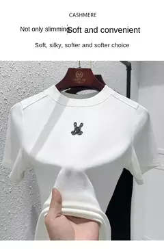 Top de diamante cintilante de manga curta feminino, estrela de diamante, coelho fashion, elástico alto, macio, grandes dimensões, verão, novo, top versátil na internet