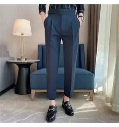 Estilo britânico dos homens de cintura alta vestido casual calça masculina cinto design calças finas formal escritório social vestido de festa de casamento terno calças - loja online