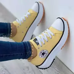 Imagem do Tênis de lona padrão para mulheres, sapatos casuais, dedo do pé redondo, renda plana, novo, outono, 2024