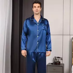Imagem do Conjunto de pijama com cardigã de manga comprida masculino, monocromático, lapela, casual, roupa de casa simples, pijamas, plus size, juventude, outono, inverno, 2 peças, conjunto
