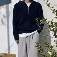Pulôver de zíper com gola meia alta masculino, suéter de malha, jaqueta solta, roupa que combina com tudo, nova moda, primavera, outono, 2023 na internet