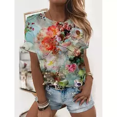 Camiseta explosiva estampada em girassol 3D para mulheres, gola redonda, fosca, flor, moda, novo produto, 2024 - loja online