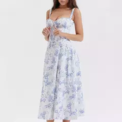 Vestido de verão estampado floral, Laço frontal feminino, Gola quadrada, Vestido de coxa dividido, Cinta de praia, Vestido de noite, Novo - loja online