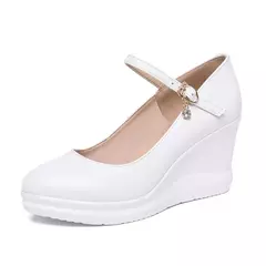 sapato de couro de alta qualidade para mulheres 7cm de cunha plataforma de salto alto dedo do pé redondo 32 33 42 43 elegante e sapato de moda branco vermelho preto