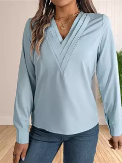 Vestido feminino de manga comprida em camadas com decote em v, tops de trabalho, roupa de escritório, blusa empresarial, 2024