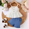 Baby Girls' Sleeveless Suspender Top e Shorts Set, roupas diárias, roupas macias, roupas de verão, crianças, 0-3 anos, 2 peças