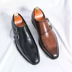 Sapatos masculinos de couro monge, vestido retrô clássico, fivela de dedo apontado, macio e confortável, escritório e casamento