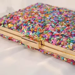 Imagem do Bolsa acrílica com fecho interligado para menina, bolsa do casamento, pedra multicolorida, corrente de metal, crossbody, ombro, noite, difícil