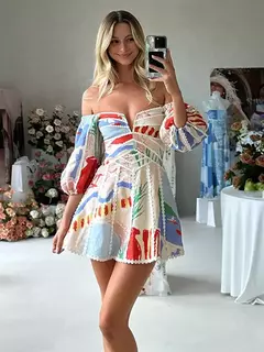 Mini vestido feminino estampado fora do ombro, manga de lanterna, patchwork, sem costas, vestidos ocos, streetwear de festa, verão, 2024