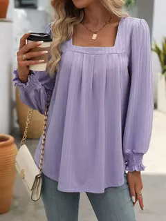 Camiseta feminina casual de manga comprida com gola quadrada, mangas folhada, design plissado, tops de pulôver, camisetas na moda - comprar online
