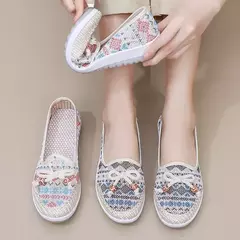 Imagem do Sapatos de linho bordados para mulheres, estilo étnico, sapatos confortáveis antiderrapantes, bowknot feminino, sapatilhas macias, moda, novo