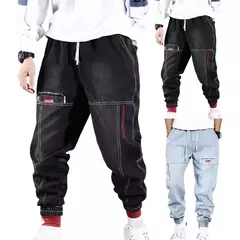 Calças jeans soltas para homens, calças harém, cor sólida, cintura de cordão - comprar online