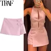 TRAF-minissaia e minissaia de cintura alta feminina, streetwear de verão, shorts assimétricos, rosa e branco, moda