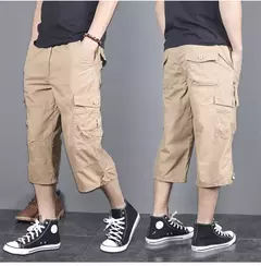 Imagem do Calção de carga de comprimento longo masculino, calça Capri de algodão elástica casual com vários bolsos, curto tático militar, calções quentes, verão, 5XL