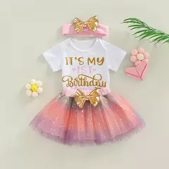 Imagem do Bodysuits de manga curta para bebês, macacão recém-nascido, pettiskirt para criança, presentes de aniversário, roupas de festa 12m, 3 peças