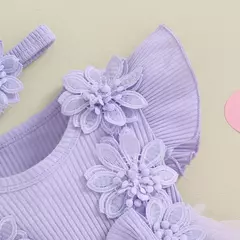 Imagem do Recém-nascido Lace Patchwork Ruffle Macacões, Macacão Vestido, Mesh Baby Girl Roupas, Sunsuit Roupas, 2Pc Roupas