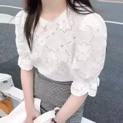 ZANZEA-blusa de renda oca para mulheres, tops de manga curta folhada, túnica chique, tecido texturizado, moda coreana, verão, 2024 na internet