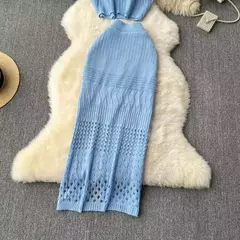 Vestido de praia feminino de tricô de cor sólida, regata, fenda de textura, terno protetor solar, escavar moda praia, encobrir, novo estilo - Wolf Magazine