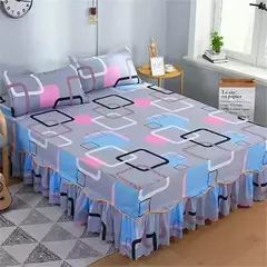 Conjunto de Colcha de Algodão com Bordado, Saia de Cama, Fronhas, Capa de Folha, Rei, Rainha, Duplo, 1.5 m, 1.8 m, 2m, 3 Peças por Conjunto