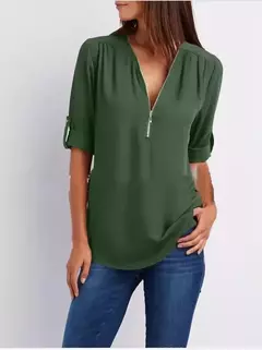 Blusa feminina profunda com gola V, tops femininos, pulôver sexy com zíper, moda casual, camisa solta legal, plus size, venda quente, 2024