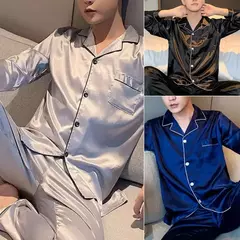Pijama de seda de manga comprida com lapela masculino, versão coreana da cor sólida, roupa casual para a casa, cardigã