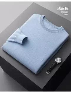 Pulôver masculino de malha com mangas compridas, suéter 100% lã merino, top casual básico de cor sólida, moda - comprar online