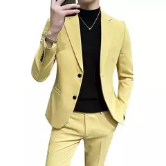 Fato de negócio clássico trespassado masculino, botão dourado, gola alta, jaqueta e calças, conjunto de 2 peças, azul marinho, roupa formal