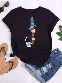 Camiseta feminina casual de manga curta com gola redonda, streetwear feminina, tops vintage, camiseta Maycaur, estampada com planeta lunar, moda camisetas na internet