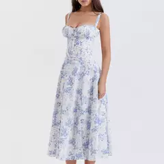 Vestido de verão estampado floral, Laço frontal feminino, Gola quadrada, Vestido de coxa dividido, Cinta de praia, Vestido de noite, Novo - Wolf Magazine