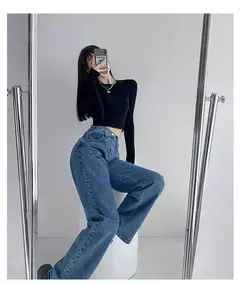 Jeans vintage drapejado de cintura alta feminino, calças de perna reta, jeans drapejado solto - comprar online