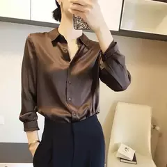 Camisas e blusas femininas com acabamento acetinado, blusa casual, manga comprida, botão, camisas elegantes, roupa francesa, monocromáticas, todos os fósforos, OL na internet