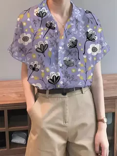 Camisa feminina colorida em 3D com estampa floral, tops de manga curta, botão, gola elegante, primavera e outono, 2024 - comprar online