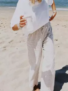 Calça xadrez casual feminina com cordão, cintura alta, calça reta, roupa diária, amiga da pele, moda verão, nova, venda quente - comprar online