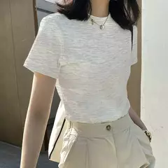 Imagem do Camiseta casual de manga curta feminina, 100% algodão puro, elástica, slim fit, gola redonda, camisa inferior, moda verão