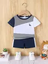 Baby Boy's Short Sleeve Patchwork Shorts Set, Padrão Dinossauro Pequeno, Respirável, Conforto Cor, Esportes de Lazer, Ao Ar Livre, 2 Pcs, Verão