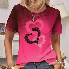Camiseta estampada com coração feminino, blusa em tamanho grande, moda feminina de verão, camiseta redonda, camisa feminina de manga curta, novo, 2024