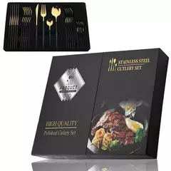 Aço inoxidável Golden Talheres Set, Faca, Garfo, Colher, Talheres, Talheres, Festival Cozinha, Louça, Presente, Punho Preto, 24pcs na internet