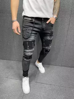 Calças jeans skinny rasgadas elásticas masculinas, bordado branco, algodão, hip hop, buraco negro, slim fit, calças jeans grandes, alta qualidade - Wolf Magazine