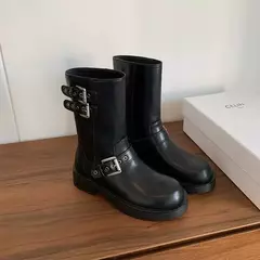 Bota de salto baixo de dedo redondo feminina, fivela curta, moda casual, monocromática, venda quente, primavera e outono, 2024 - loja online