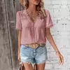 Benuynffy-Blusa de renda com decote em v feminina, ponto suíço, tops sólidos, manga curta, boho, doce, casual, moda feminina, verão, novo, 2024
