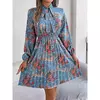 Vestido de Natal para as mulheres, manga longa, solto, elástico, estampa de flores, plissado, gola redonda, mini, novo, outono, 2022