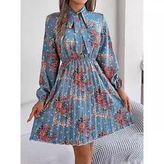 Vestido de Natal para as mulheres, manga longa, solto, elástico, estampa de flores, plissado, gola redonda, mini, novo, outono, 2022
