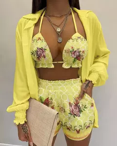 Imagem do Fato de banho feminino de três peças, moda praia sexy, biquíni de cintura alta, maiô estampado, shorts para cobrir, moda praia de verão, novo 2024