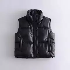 Casaco de couro PU com gola alta para mulheres, coletes curtos com zíper, elegante e elegante, preto, feminino e feminino, outono e inverno na internet