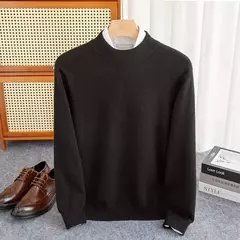 Pulôver de malha de lã de gola meia alta masculino, suéter quente de cor sólida, blusa casual de negócios 100% lã, outono inverno - loja online