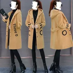 Imagem do Moda cordeiro veludo casaco feminino com capuz jaqueta de comprimento médio outono inverno outerwear elegante cardigan aberto estilo na moda