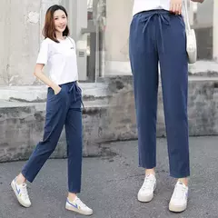 Calça feminina harém de linho algodão, elástico sólido na cintura, cores doces, calça casual feminina, primavera, verão - loja online