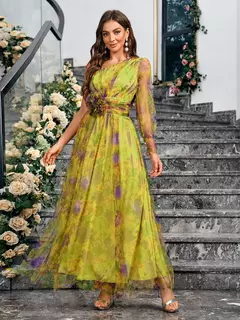 Vestido de noite tie-dye de um ombro feminino, vestido de baile formal, mangas de bolha de malha, bainha dividida, elegante - loja online