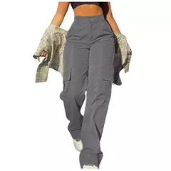 Calça feminina básica de fivela, calça de paraquedas, perna reta sólida, bolsos grandes, moletom Y2K folheado com tudo o que combina, roupa de rua chique