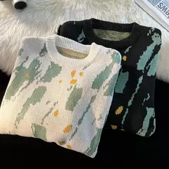 Camisola estampada retrô angustiada masculina, streetwear de hip hop, macacão de Natal masculino, roupa Y2K, moda outono - Wolf Magazine